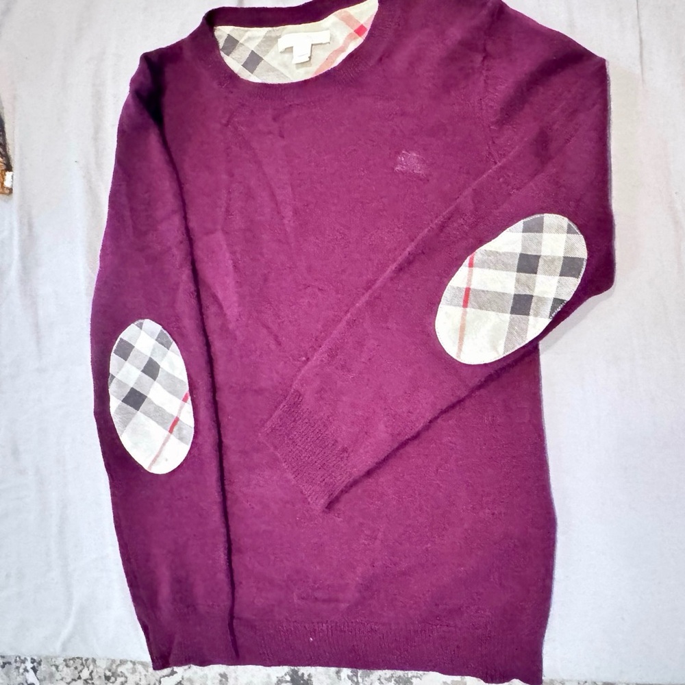 Burberry Purple Crew Neck Sweater with Plaid Elbow Patches
